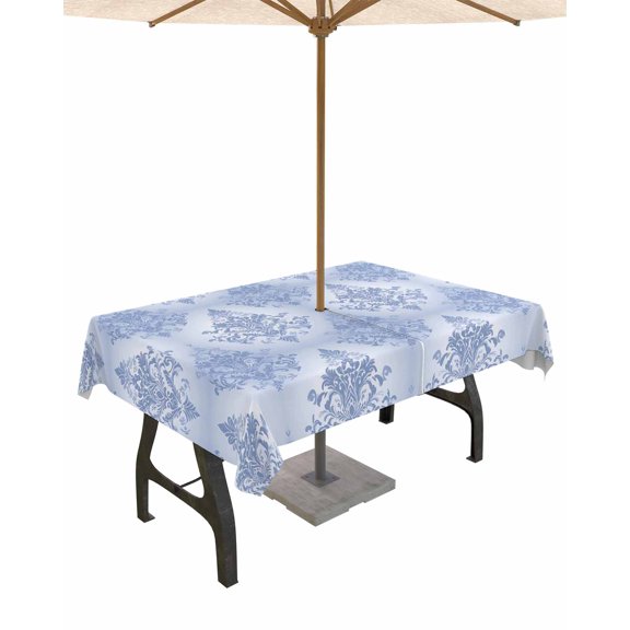 nqOlkjepod Blue Boho Floral Outdoor Tablecloth with Umbrella Hole & Zipper, Vintage Ethnic Tribe Abstract Art Rectangle Table Cover 52x70 Inch, Dining Waterproof Table Cloth Protector for Patio