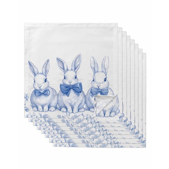 nqOlkjepod Blue Bunny Easter Cloth Napkins Set of 8 Reusable Dinner Napkins, Vintage Rabbit Spring Floral Cocktail Napkin Washable Table Napkins for Wedding/Holiday Party/Baby Shower 20"x20"