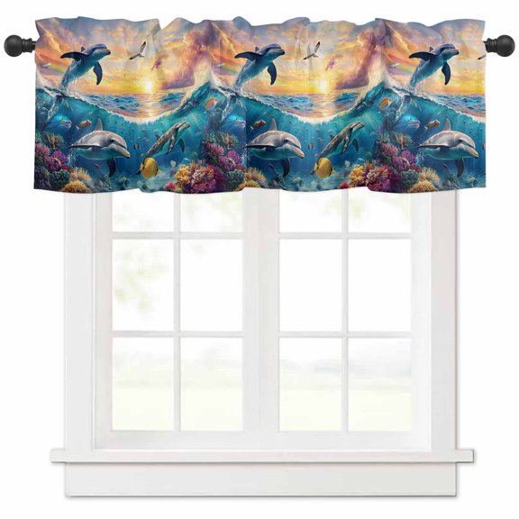 nqOlkjepod Blue Coastal Farmhouse Short Window Curtain Valances, Dolphin Summer Beach Nautical Ocean Rod Pocket Kitchen Valances for Living Room Bedroom Bathroom Cafe, 1 Panel - 54" x 18"
