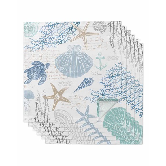 nqOlkjepod Blue Coastal Nautical Cloth Napkins Set of 6 Reusable Dinner Napkins, Beach Sea Turtle Ocean Coral Starfish Cocktail Napkin Washable Table Napkins for Wedding/Party/Baby Shower 20"x20"