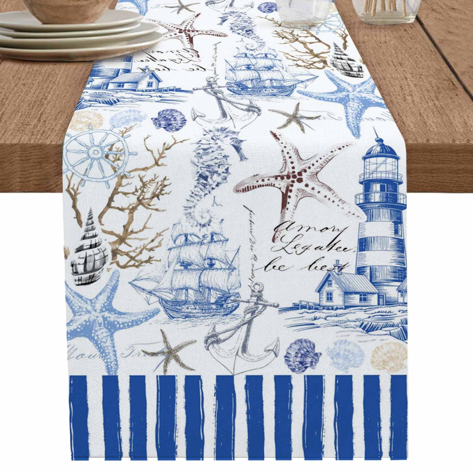 nqOlkjepod Blue Coastal Table Runner 72 Inches Long Farmhouse Dress ...