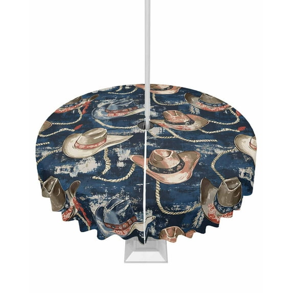 nqOlkjepod Blue Cowboy Outdoor Tablecloth with Umbrella Hole & Zipper, Country Western Vintage Round Table Cover 60 Inch, Dining Waterproof Table Cloth Protector for Patio/Party/Picnic