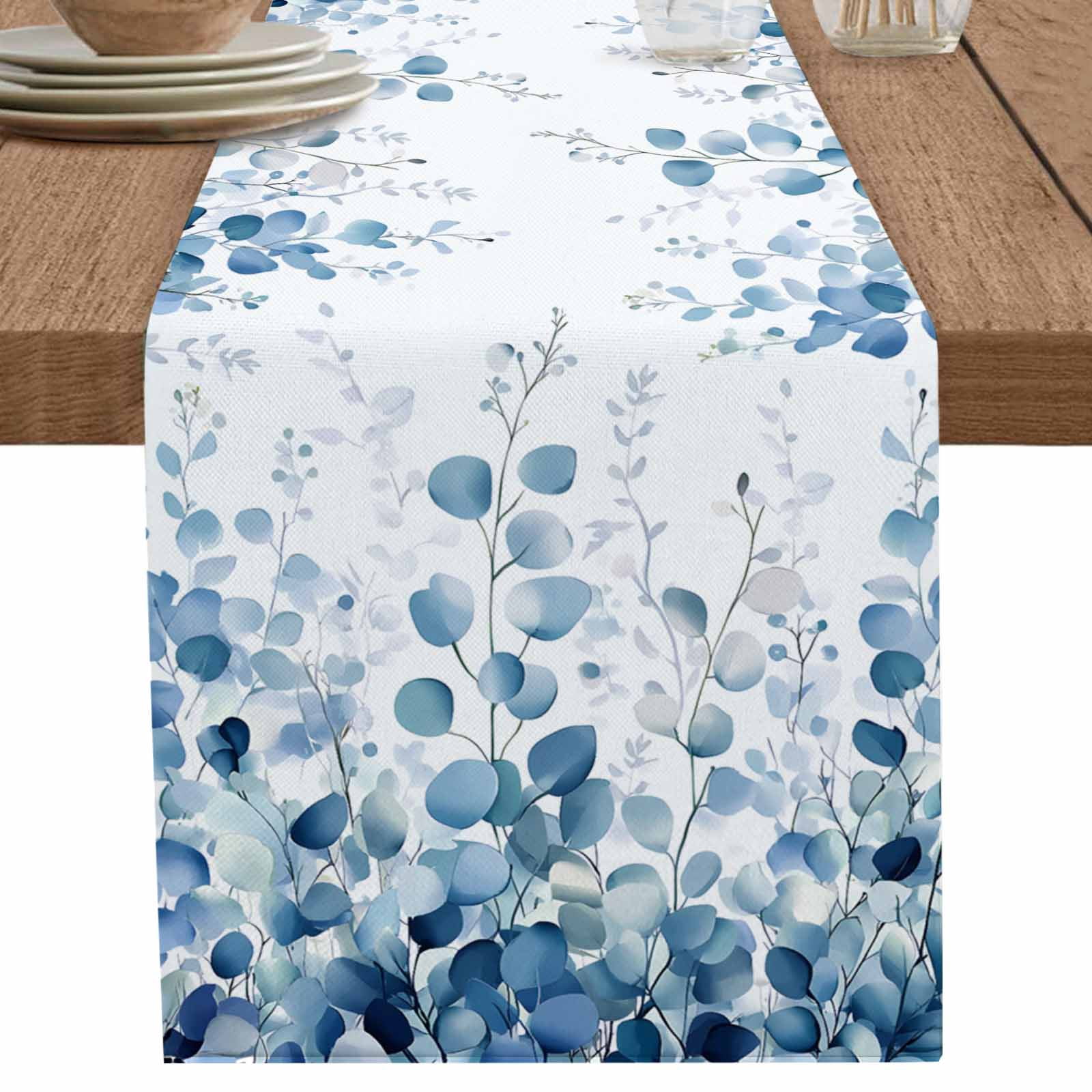 nqOlkjepod Blue Eucalyptus Leaves Table Runner 36 Inches Long Farmhouse ...