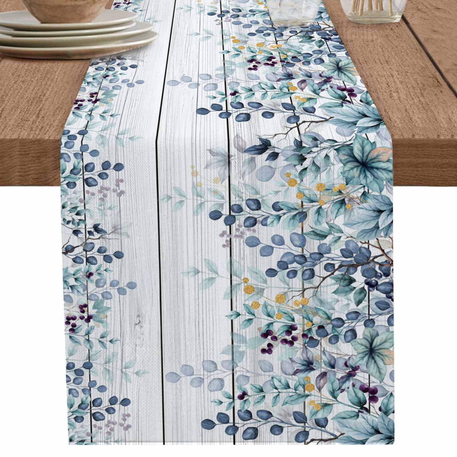 nqOlkjepod Blue Eucalyptus Leaves Table Runner 70 Inches Long Farmhouse ...