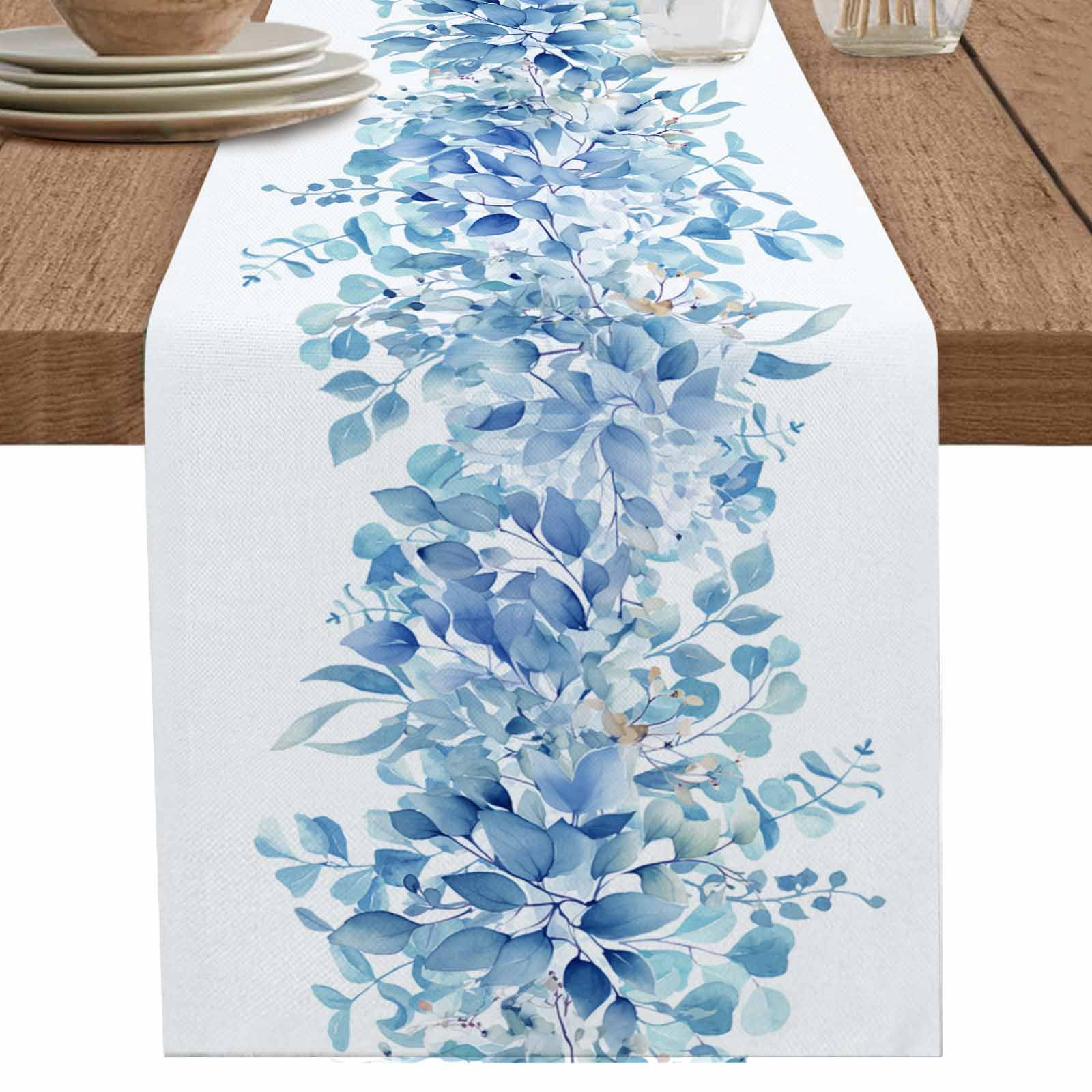 nqOlkjepod Blue Eucalyptus Leaves Table Runner 90 Inches Long Farmhouse ...