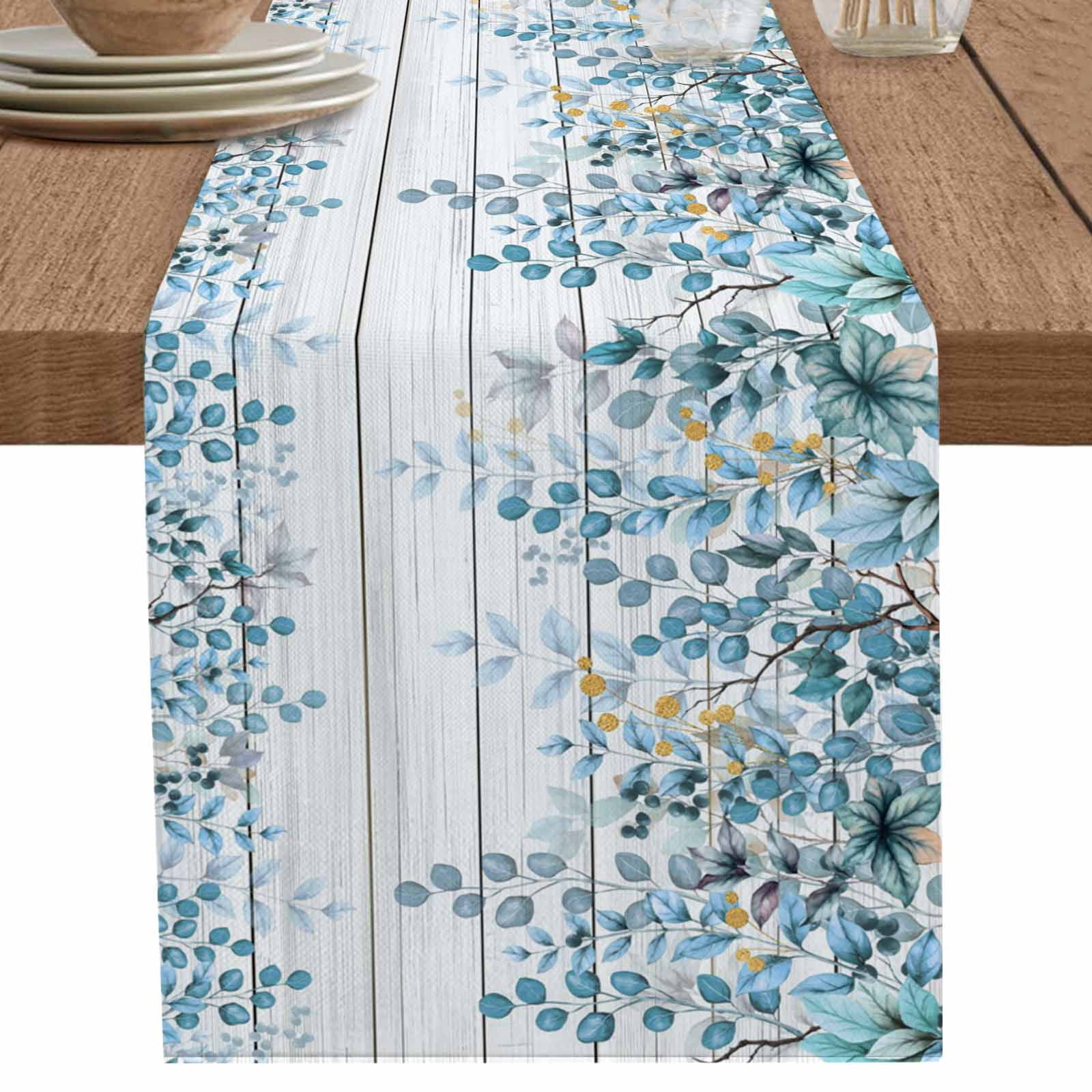 nqOlkjepod Blue Eucalyptus Leaves Table Runner 90 Inches Long Farmhouse ...