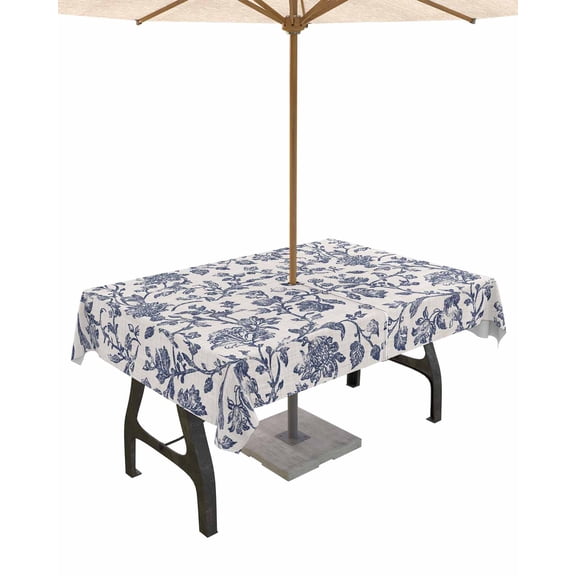 nqOlkjepod Blue Floral Leaf Outdoor Tablecloth with Umbrella Hole & Zipper, Retro Farmhouse Plant Tree Branch Rectangle Table Cover 52x70 Inch, Dining Waterproof Table Cloth Protector for Patio