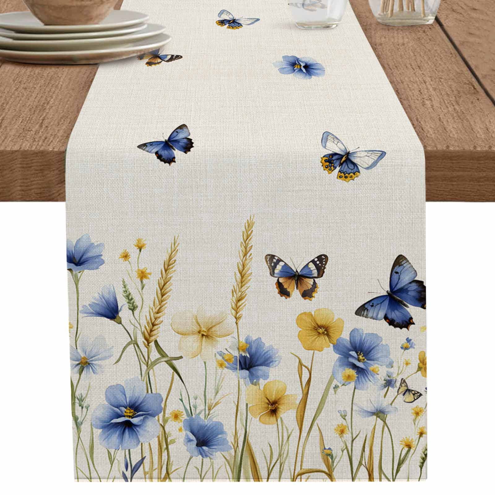 nqOlkjepod Blue Floral Table Runner 60 Inches Long Farmhouse Dress Scarves, Yellow Flower Butterflies Country Plant Dining Tablerunner for Coffee Table/Kitchen Island/Party Décor, 13" x 60"