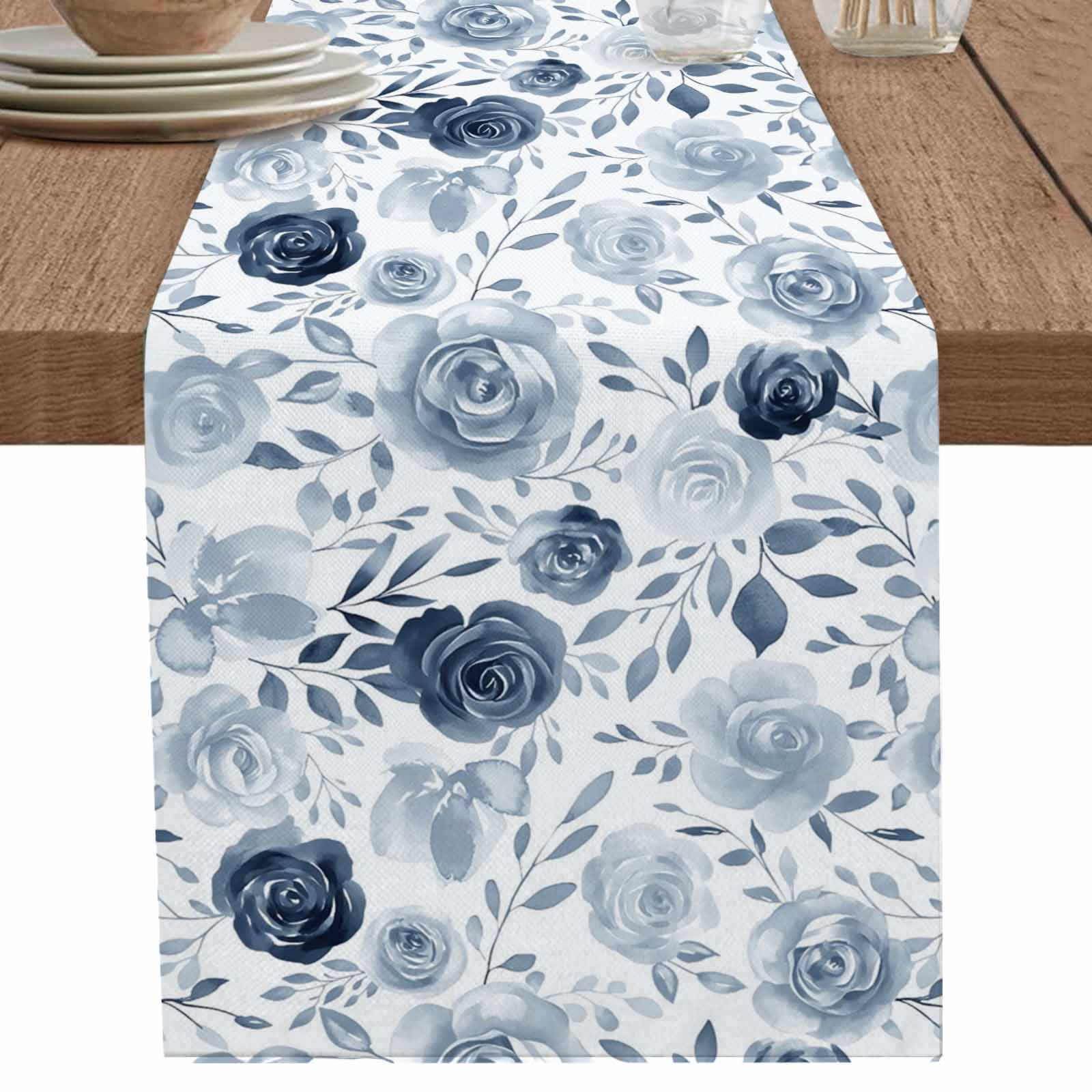 nqOlkjepod Blue Flowers Table Runner 72 Inches Long Farmhouse Dress ...