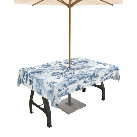 nqOlkjepod Blue Garden Forest Outdoor Tablecloth with Umbrella Hole & Zipper, Modern Art Vintage Nature Rock Rectangle Table Cover 52x70 Inch, Dining Waterproof Table Cloth Protector for Patio/Party