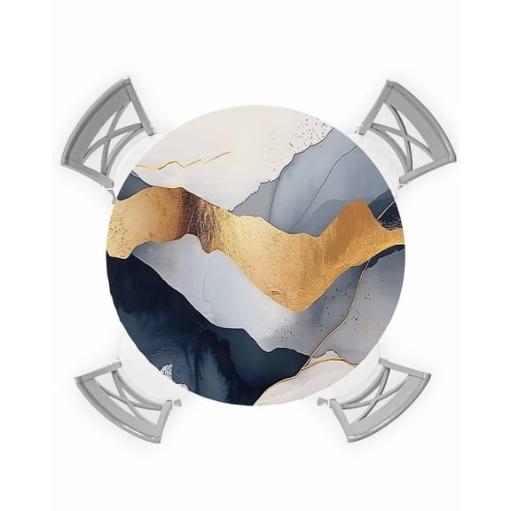nqOlkjepod Blue Gold Marble Round Tablecloth, Fitted Table Cover with Elastic for 36"-44" Round Tables, Farmhouse Abstract Mountain Art Table Cloth Outdoor Dinning Party Waterproof Tablecloths