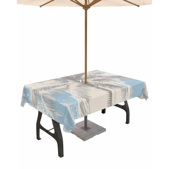 nqOlkjepod Blue Gray Palm Tree Outdoor Tablecloth with Umbrella Hole & Zipper, Vintage Summer Botanical Rectangle Table Cover 54x80 Inch, Dining Waterproof Table Cloth Protector for Patio/Party