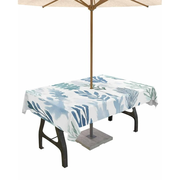 nqOlkjepod Blue Green Botanical Outdoor Tablecloth with Umbrella Hole & Zipper, Summer Watercolor Plant Rectangle Table Cover 60x84 Inch, Dining Waterproof Table Cloth Protector for Patio/Party