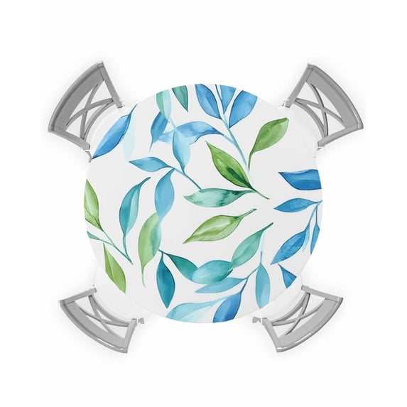 nqOlkjepod Blue Green Botanical Round Tablecloth, Fitted Table Cover with Elastic for 55"-60" Round Tables, Summer Leaf Watercolor Table Cloth Outdoor Indoor Dinning Party Waterproof Tablecloths