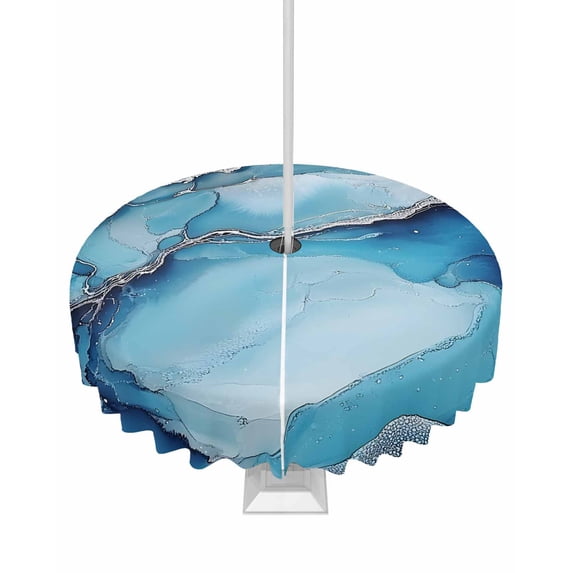 nqOlkjepod Blue Grey Marble Outdoor Tablecloth with Umbrella Hole & Zipper, Abstract Simple Geoemtric Round Table Cover 60 Inch, Dining Waterproof Table Cloth Protector for Patio/Party/Picnic