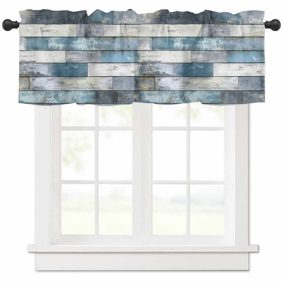 nqOlkjepod Blue Grey Wooden Farmhouse Short Window Curtain Valances, Farmhouse Vintage Cabin Stripes Rod Pocket Kitchen Valances for Living Room Bedroom Bathroom Cafe, 1 Panel - 42" x 18"