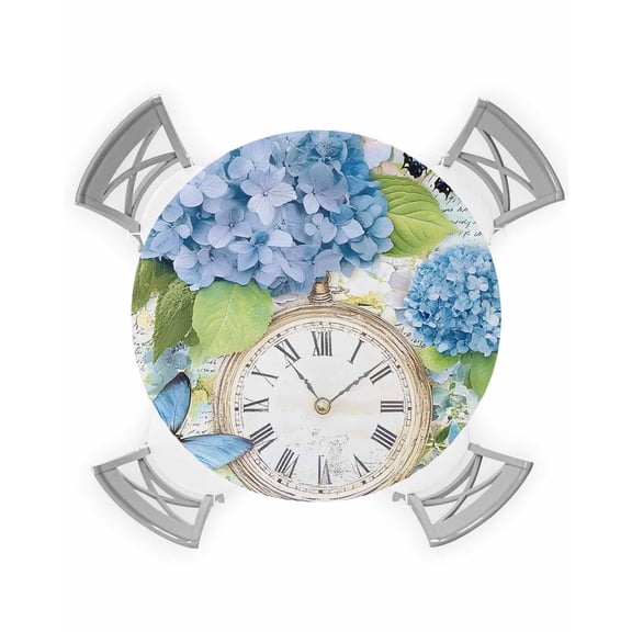 nqOlkjepod Blue Hydrangea Retro Round Tablecloth, Fitted Table Cover with Elastic for 36"-44" Round Tables, Spring Summer Clock Butterfly Table Cloth Outdoor Dinning Party Waterproof Tablecloths