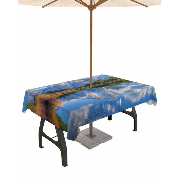 nqOlkjepod Blue Mountain Outdoor Tablecloth with Umbrella Hole & Zipper, Modern Art Green Forest Lake Rectangle Table Cover 60x102 Inch, Dining Waterproof Table Cloth Protector for Patio/Party