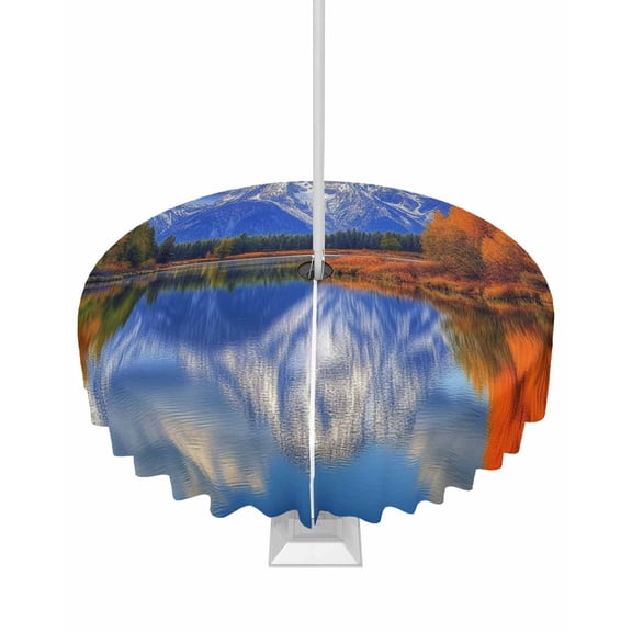 nqOlkjepod Blue Mountain Outdoor Tablecloth with Umbrella Hole & Zipper, Modern Art Yellow Forest Lake Round Table Cover 60 Inch, Dining Waterproof Table Cloth Protector for Patio/Party/Picnic