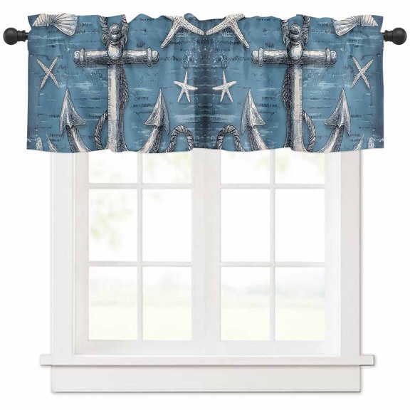 nqOlkjepod Blue Nautical Anchor Farmhouse Short Window Curtain Valances, Summer Coastal Ocean Starfish Shell Rod Pocket Kitchen Valances for Living Room Bedroom Bathroom Cafe, 1 Panel - 42" x 12"