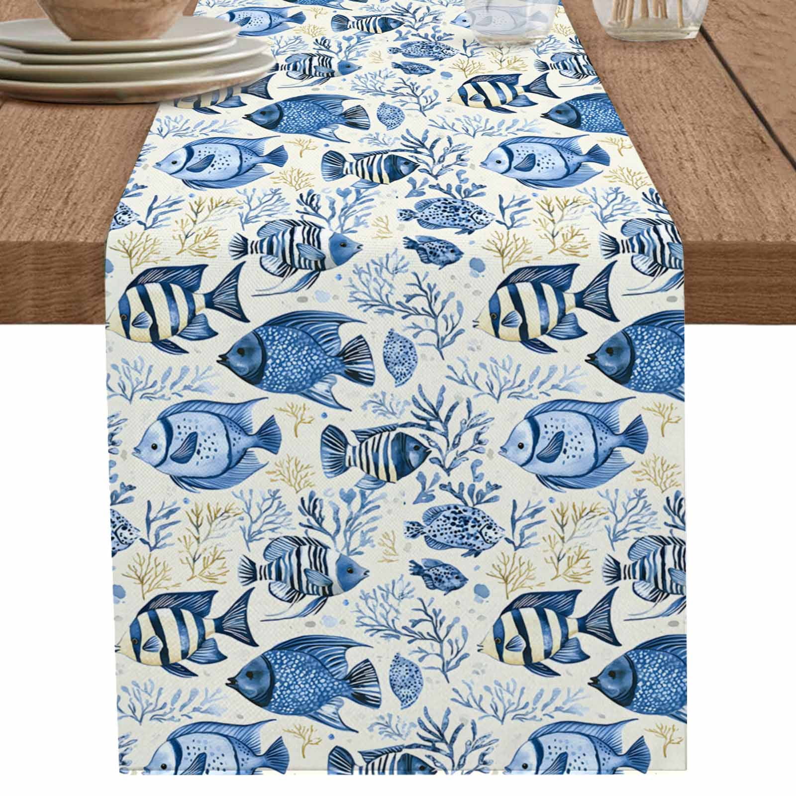nqOlkjepod Blue Ocean Fish Table Runner 60 Inches Long Farmhouse Dress ...