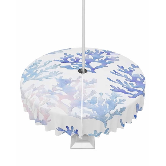 nqOlkjepod Blue Ombre Coral Outdoor Tablecloth with Umbrella Hole & Zipper, Coastal Watercolor Summer Round Table Cover 60 Inch, Dining Waterproof Table Cloth Protector for Patio/Party/Picnic