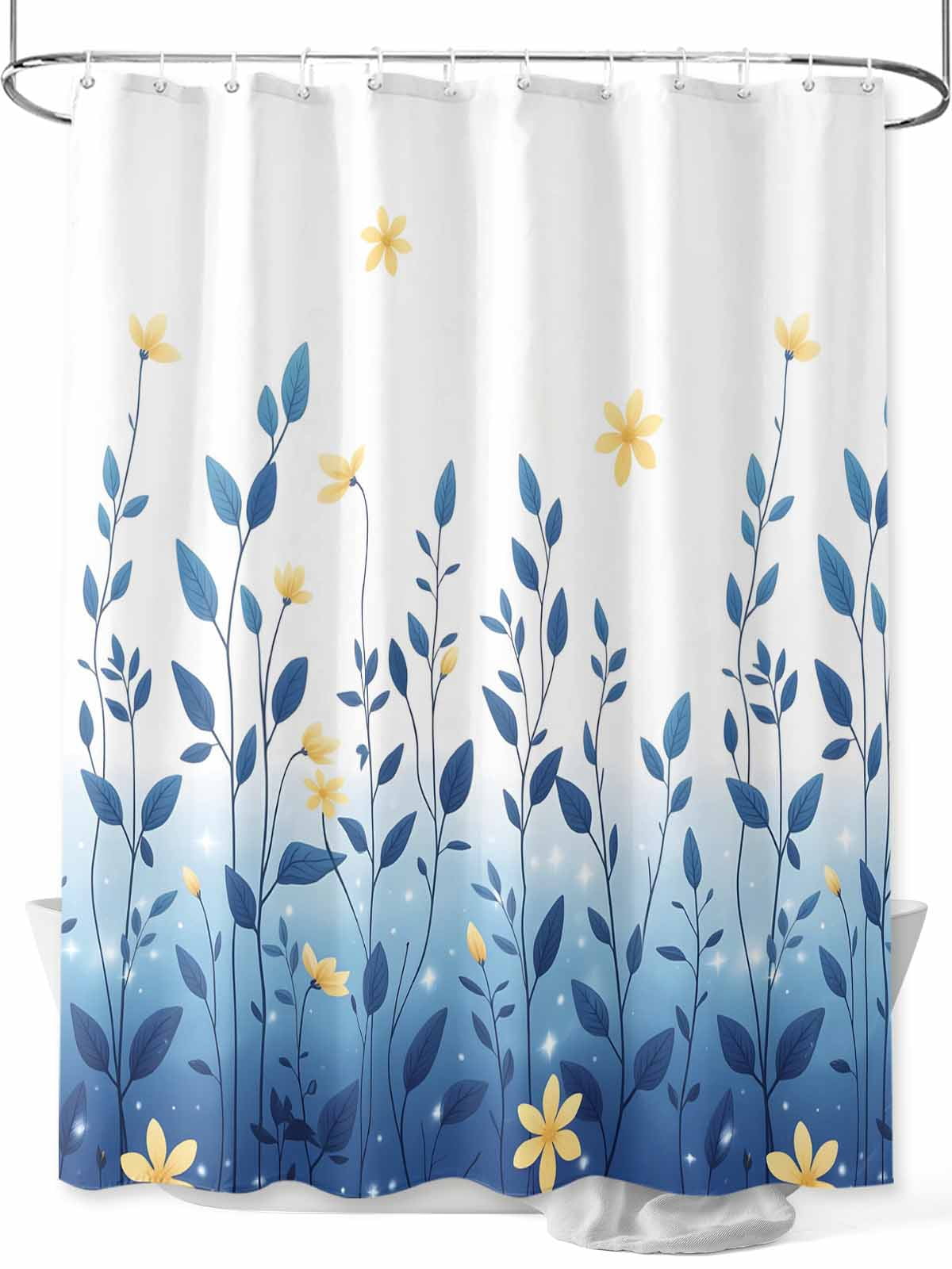 nqOlkjepod Blue Ombre Eucalyptus Shower Curtain, Waterproof Shower Curtains for Bathroom, Elegant Yellow Floral Botanical Washable Fabric Bathtub Curtain Set Bath Decor with 12 Hooks 72"x78"