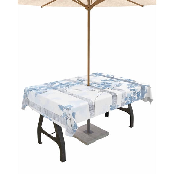 nqOlkjepod Blue Ombre Leaves Outdoor Tablecloth with Umbrella Hole & Zipper, Gray Forest Branches Rectangle Table Cover 54x80 Inch, Dining Waterproof Table Cloth Protector for Patio/Party/Picnic