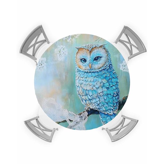 nqOlkjepod Blue Owl Round Tablecloth, Fitted Table Cover with Elastic for 36"-44" Round Tables, Watercolor Flower Bird on Branch Table Cloth Outdoor Indoor Dinning Party Waterproof Tablecloths