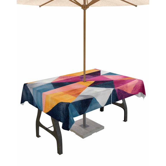 nqOlkjepod Blue Pink Rhombus Outdoor Tablecloth with Umbrella Hole & Zipper, Abstract Geometric Artwork Rectangle Table Cover 52x70 Inch, Dining Waterproof Table Cloth Protector for Patio/Party