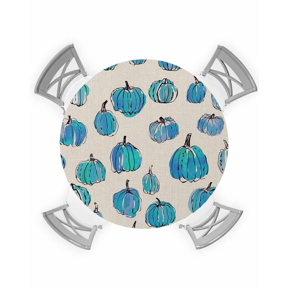 nqOlkjepod Blue Pumpkins Fall Round Tablecloth, Fitted Table Cover with Elastic for 36"-44" Round Tables, Rustic Watercolor Thanksgiving Table Cloth Outdoor Dinning Party Waterproof Tablecloths