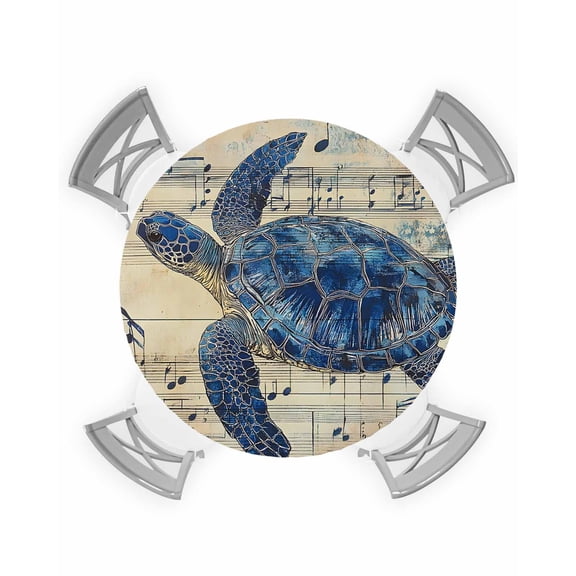 nqOlkjepod Blue Sea Turtle Round Tablecloth, Fitted Table Cover with Elastic for 36"-44" Round Tables, Vintage Coastal Sheet Music Table Cloth Outdoor Indoor Dinning Party Waterproof Tablecloths