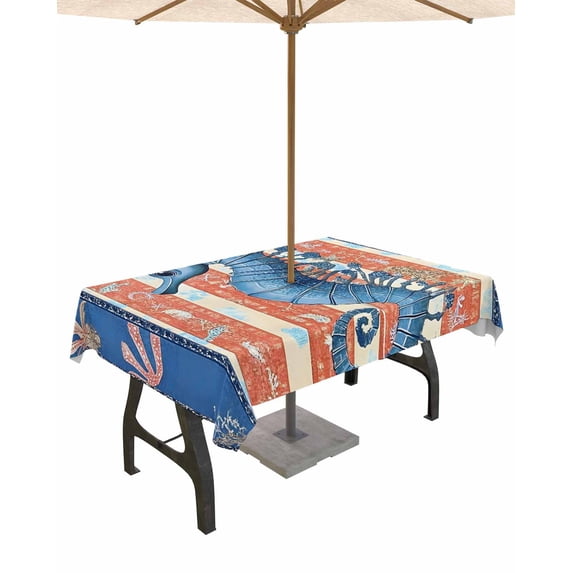 nqOlkjepod Blue Seahorse Outdoor Tablecloth with Umbrella Hole & Zipper, Summer Ocean Orange Coral Striped Rectangle Table Cover 60x84 Inch, Dining Waterproof Table Cloth Protector for Patio/Party