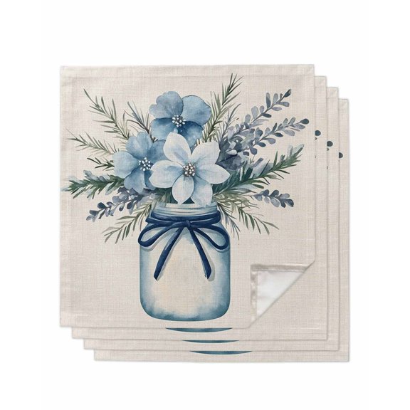 nqOlkjepod Blue Spring Floral Cloth Napkins Set of 4 Reusable Dinner Napkins, Summer Flowers Rustic Cocktail Napkin Washable Table Napkins for Wedding/Holiday Party/Baby Shower 20"x20"
