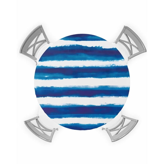 nqOlkjepod Blue Stripe Round Tablecloth, Fitted Table Cover with Elastic for 36"-44" Round Tables, Ocean Beach Watercolor White Geometric Table Cloth Outdoor Dinning Party Waterproof Tablecloths