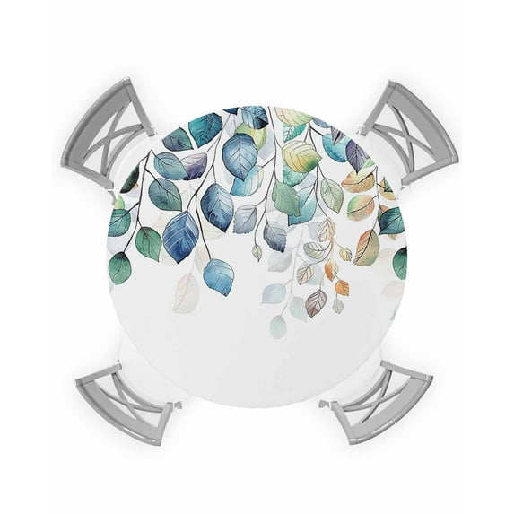 nqOlkjepod Blue Teal Botanical Round Tablecloth, Fitted Table Cover with Elastic for 55"-60" Round Tables, Weeping Fall Eucalyptus Leaves Table Cloth Outdoor Dinning Party Waterproof Tablecloths