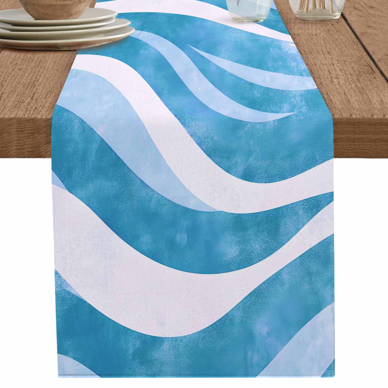 nqOlkjepod Blue Waves Table Runner 72 Inches Long Farmhouse Dress ...