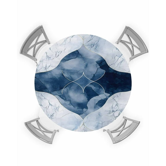 nqOlkjepod Blue White Abstract Marble Round Tablecloth, Fitted Table Cover with Elastic for 36"-44" Round Tables, Minimalist Artwork Table Cloth Outdoor Indoor Dinning Party Waterproof Tablecloths