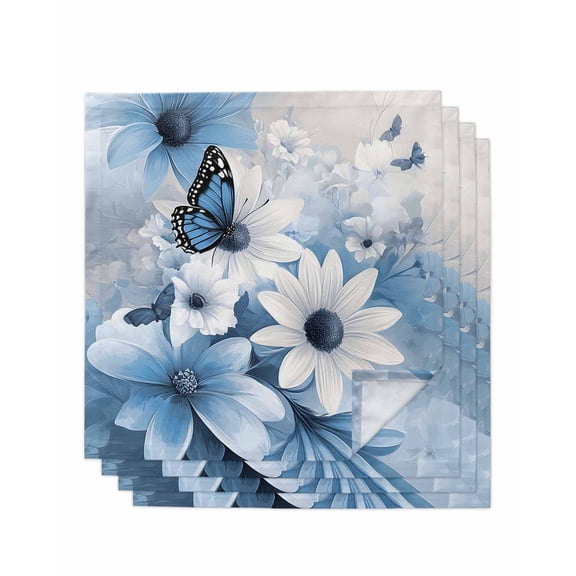 nqOlkjepod Blue White Floral Cloth Napkins Set of 4 Reusable Dinner Napkins, Elegant Rustic Butterfly Botanical Cocktail Napkin Washable Table Napkins for Wedding/Holiday Party/Baby Shower 20"x20"