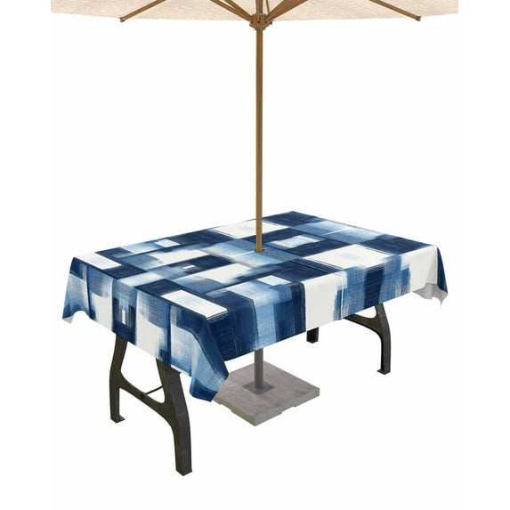 nqOlkjepod Blue White Geometric Outdoor Tablecloth with Umbrella Hole & Zipper, Vintage Abstract Plaid Texture Rectangle Table Cover 60x102 Inch, Dining Waterproof Table Cloth Protector for Patio