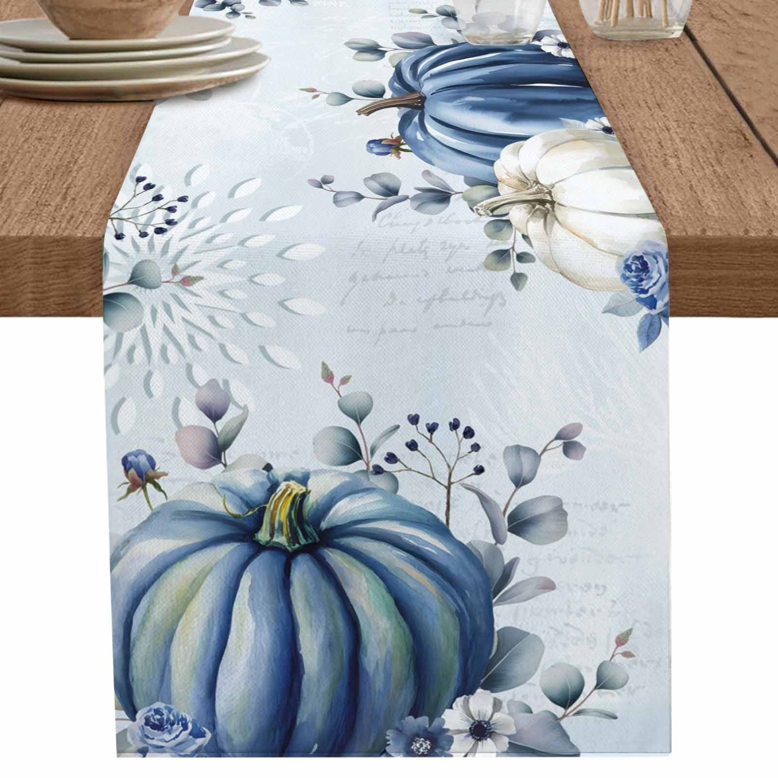 nqOlkjepod Blue White Pumpkin Table Runner 36 Inches Long Farmhouse ...