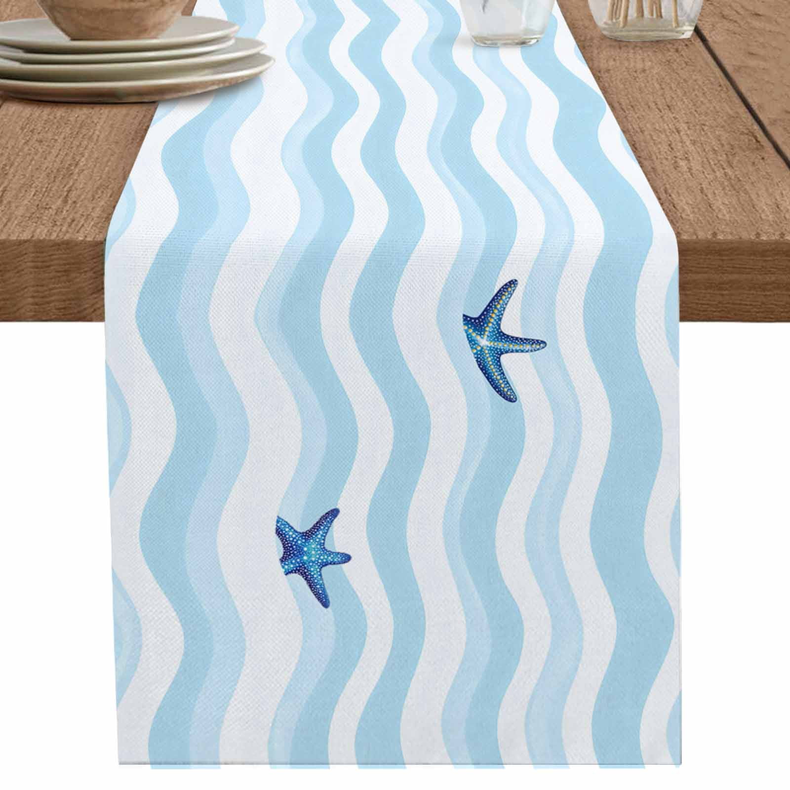 Blue Turtle Coastal Table Runner, 108 Inches Long - Cotton Linen Farmhouse Beach Decor - View #11