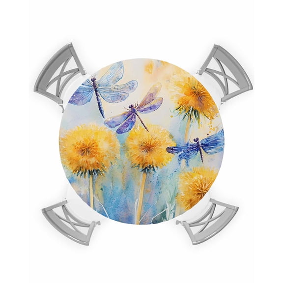 nqOlkjepod Blue Yellow Dragonfly Round Tablecloth, Fitted Table Cover with Elastic for 36"-44" Round Tables, Watercolor Spring Floral Table Cloth Outdoor Indoor Dinning Party Waterproof Tablecloths
