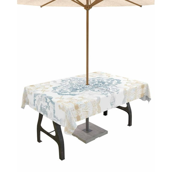 nqOlkjepod Blue Yellow Floral Outdoor Tablecloth with Umbrella Hole & Zipper, Vintage Abstract Art Rectangle Table Cover 60x84 Inch, Dining Waterproof Table Cloth Protector for Patio/Party/Picnic