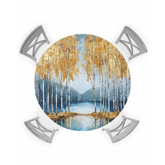 nqOlkjepod Blue Yellow Round Tablecloth, Fitted Table Cover with Elastic for 36"-44" Round Tables, Modern Abstract Oil Expressionism Table Cloth Outdoor Indoor Dinning Party Waterproof Tablecloths