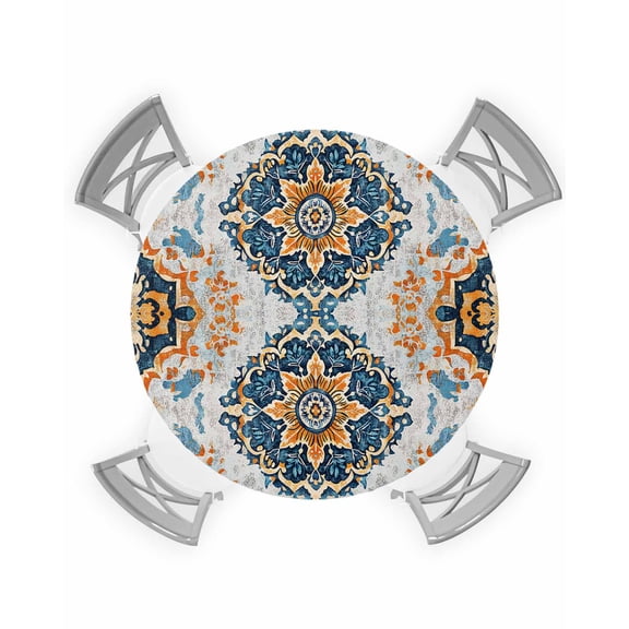 nqOlkjepod Bohemian Round Tablecloth, Fitted Table Cover with Elastic for 36"-44" Round Tables, Boho Blue Flower Pattern Abstract Tribal Table Cloth Outdoor Dinning Party Waterproof Tablecloths