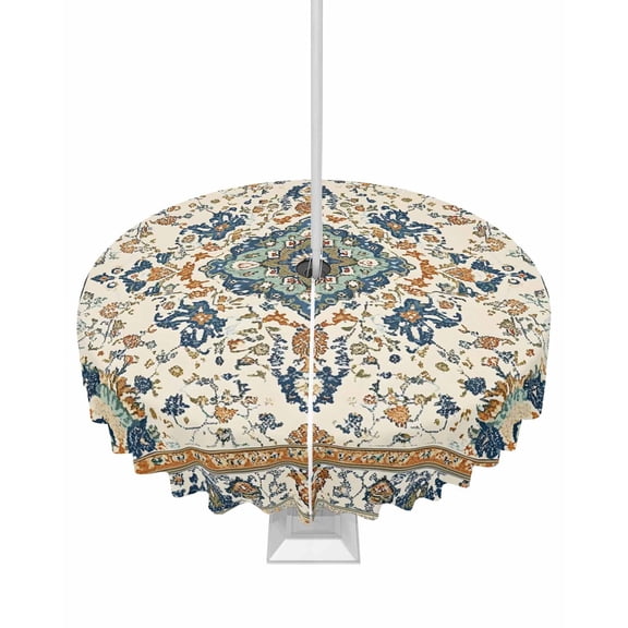 nqOlkjepod Boho Chic Outdoor Tablecloth with Umbrella Hole & Zipper, Traditional Classic Geometric Farmhouse Round Table Cover 54 Inch, Dining Waterproof Table Cloth Protector for Patio/Party/Picnic