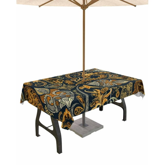 nqOlkjepod Boho Floral Outdoor Tablecloth with Umbrella Hole & Zipper, Vintage Botanical Paisley Flower Rectangle Table Cover 52x70 Inch, Dining Waterproof Table Cloth Protector for Patio/Party