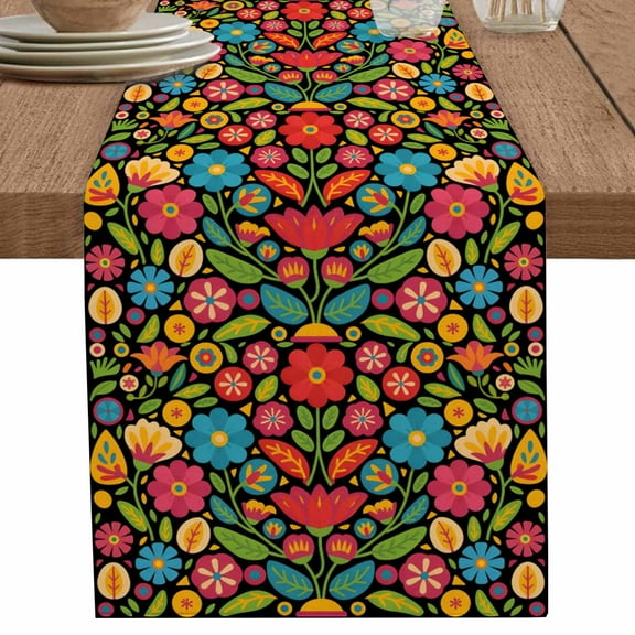 nqOlkjepod Boho Flower Table Runner 48 Inches Long Farmhouse Dress Scarves, Red Blue Yellow Colorful Mexico Tribal Dining Tablerunner for Coffee Table/Kitchen Island/Party Décor, 13" x 48"