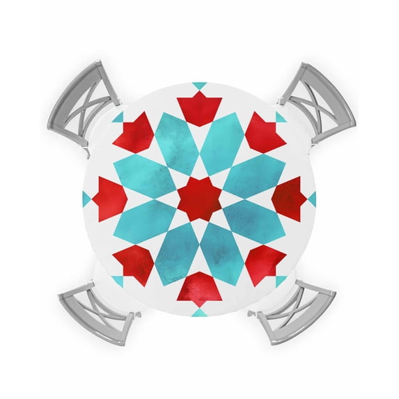 nqOlkjepod Boho Geometric Round Tablecloth, Fitted Table Cover with Elastic for 45"-54" Round Tables, Turquoise Red Ethnic Tribal Abstract Pattern Table Cloth Dinning Party Waterproof Tablecloths